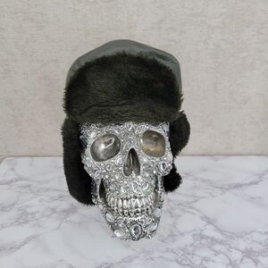 Military Vintage Green Leather Trapper Aviator Style Hat Faux Fur Lining